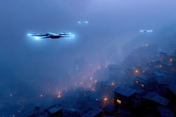 Obraz premium Drones flying over slums in futuristic city at night