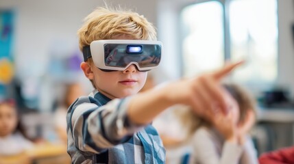 Child exploring virtual reality in classroom