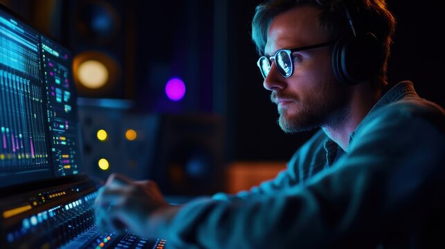 Man with headphones and glasses using audio mixing console in a dimly lit recording studio - Powered by Adobe