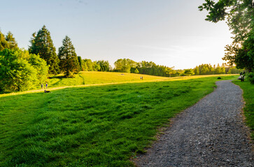 Path beside a large green field in a country park with some people in the distance on a sunny day