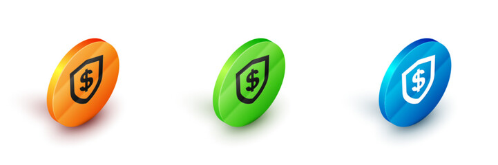 Isometric Shield with dollar symbol icon isolated on white background. Security shield protection. Money security concept. Circle button. Vector