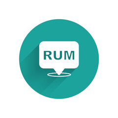 White Alcohol drink Rum bottle icon isolated with long shadow background. Green circle button. Vector