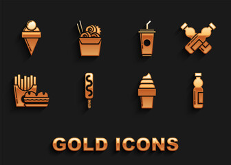 Set Ice cream, Crossed bottle of water, Bottle, in waffle cone, Burger and french fries carton package box, Paper glass with drinking straw, and Asian noodles paper chopsticks icon. Vector