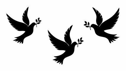 Three black silhouettes of doves flying with olive branches in their beaks on a white background
