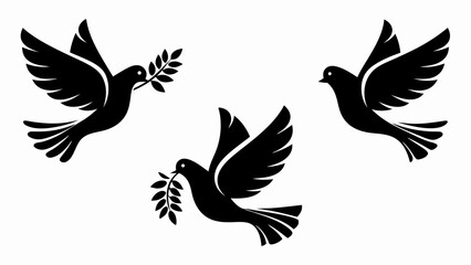 Three black silhouette doves in flight one holding an olive branch symbol of peace and hope design
