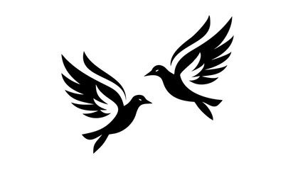 Two stylized black birds in flight with detailed wing patterns against a white background image view