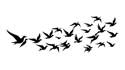 A flock of black birds flying in the sky against a white background in a horizontal formation view