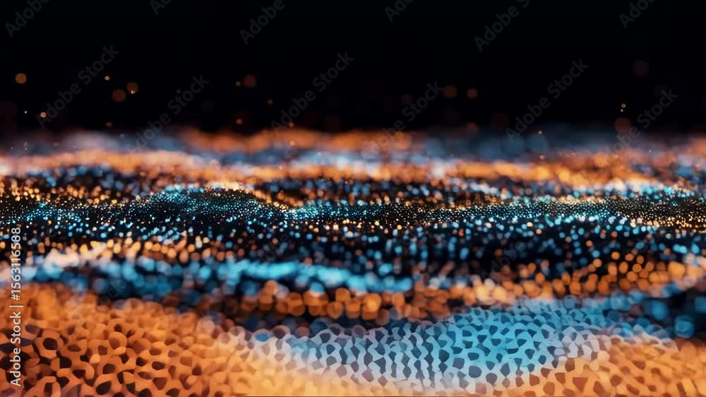 Poster a mesmerizing wave of blue and orange particles flows in an abstract design, creating a dynamic and 