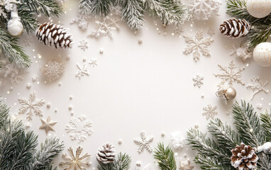 A festive Christmas card design features a border of fir tree branches and shimmering balls, perfect for holiday celebrations and the New Year