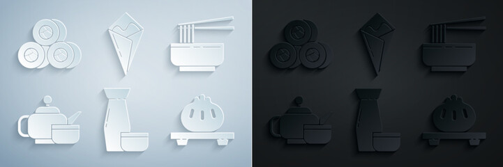 Set Traditional Japanese tea ceremony, Asian noodles in bowl and chopsticks, Dumpling cutting board, Temaki roll and Sushi icon. Vector