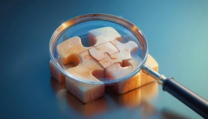 A magnifying glass over a puzzle piece sitting on blocks on a reflective blue surface close up view