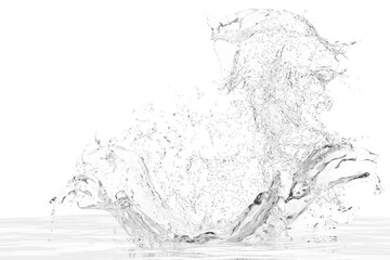 high-contrast monochrome image depicts a dramatic splash of liquid, possibly water, frozen in mid-air.  The form is abstract, suggesting motion and energy, with textured details throughout the spray. 