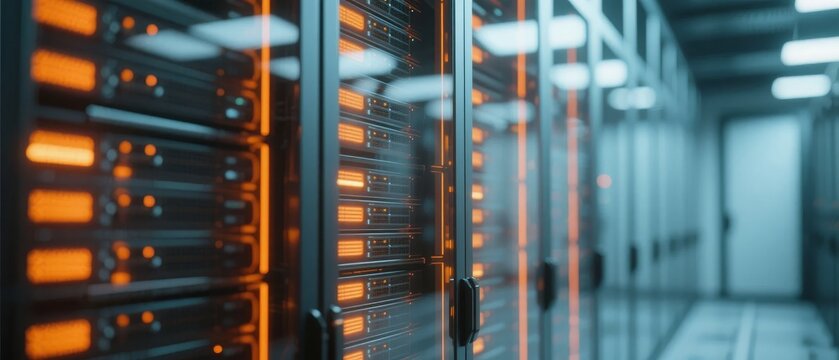 Server racks in a data center with illuminated panels and organized rows