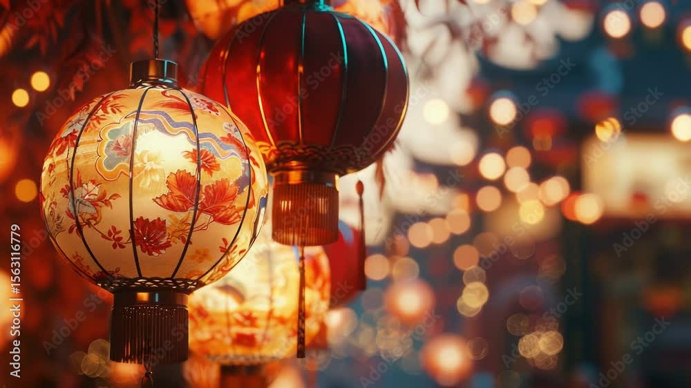 Poster a bunch of red and white lanterns hanging from a tree, perfect for festivals, celebrations or as dec