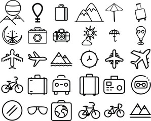 Hand-Drawn Travel Symbols, Luggage, Plane, Map, Mountain Outline Vector Pack