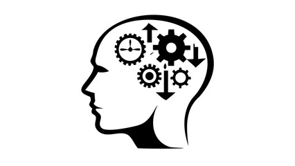 Silhouette of a head with gears and arrows inside representing thought processes and mental activity