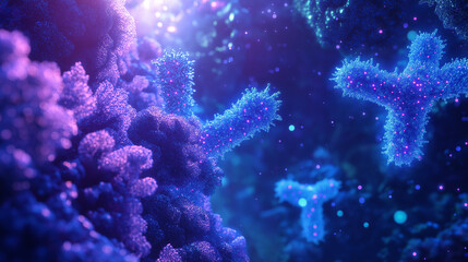 Antibodies, Y-shaped protein structures floating in a microscopic environment