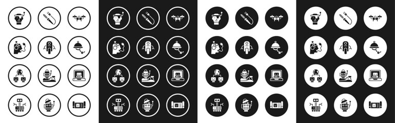 Set Drone, Robot, charging battery, Smart glasses, Waiter robot, Soldering iron, Creating and Artificial intelligence icon. Vector