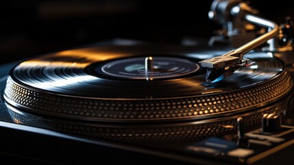 A close up shot of a record player with a vinyl record spinning under warm lighting conditions