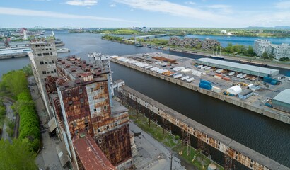 Aerial view of the abandoned Silo No. 5 grain elevator and port of Montreal, Quebec, Canada. The...