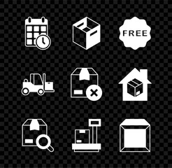 Set Cardboard box with calendar, Carton cardboard, rice tag Free, Search package, Scale, Forklift truck and icon. Vector