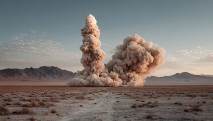 Dramatic cloud of beige smoke rising from a desert landscape.