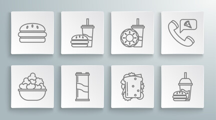 Set line Popcorn in bowl, Paper glass with drinking straw and burger, Soda can, Sandwich, donut, Food ordering pizza and Burger icon. Vector