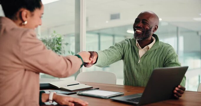 Business people, hiring and handshake with job interview, welcome and greeting. Employees, shaking hands or human resource with smile, opportunity or onboarding with thank you, recruitment and hello