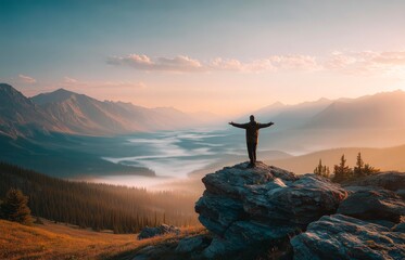 Man standing on top of mountain and looking at misty valley.