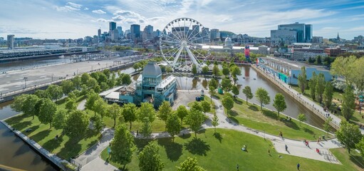 Aerial view of La Grande Roue de Montréal, a Ferris wheel in the Old Port of Montreal, Canada....
