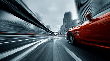Obraz premium speed concept, red car rushing along a high-speed highway