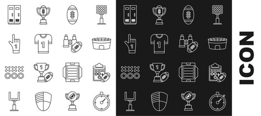 Set line Stopwatch, American, football jersey, Number 1 one fan hand glove with finger raised, Locker or changing room for football, basketball team or workers and Binoculars american icon. Vector