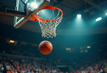 Cinematic moment of a basketball flying into the hoop
