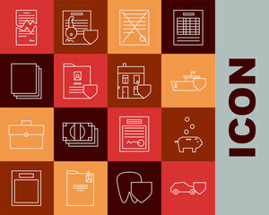Set line Car with shield, Piggy bank coin, Ship, Delete file document, Document, Clean paper, Torn contract and House icon. Vector