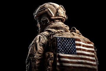 Military personnel in camouflage uniform with american flag.