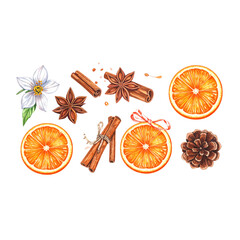 Fresh citrus slices, including orange, lemon, and lime, are arranged in a seamless pattern with aromatic cinnamon sticks and other warm spices, creating a vibrant and healthy food illustration