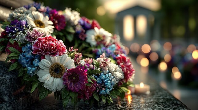 Beautiful floral wreath at a memorial site honoring loved ones during a peaceful evening