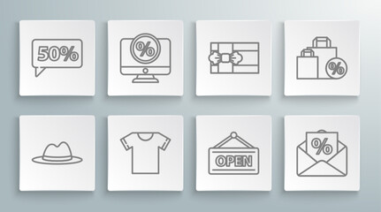 Set line Man hat with ribbon, Percent discount and monitor, T-shirt, Hanging sign Open, Envelope interest, Gift box, Shoping bag and Fifty percent tag icon. Vector