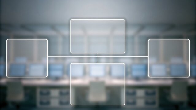 A blank digital flowchart overlay on a blurred office workspace with multiple computer screens and empty chairs.