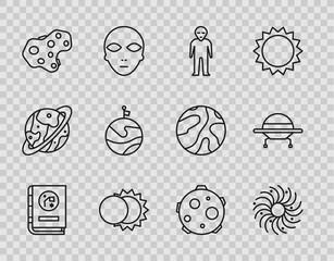 Set line Book by astronomy, Black hole, Alien, Eclipse of the sun, Asteroid, Moon with flag, UFO abducts cow and flying spaceship icon. Vector