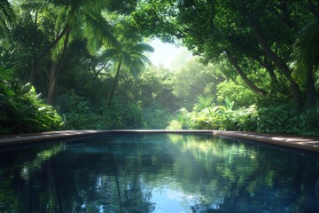 Fototapeta premium Tropical swimming pool in lush green forest with sun rays reflecting on tranquil water serene nature oasis vacation travel destination