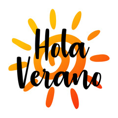 Logo con mensaje Hola Verano en español en sol como espiral con rayos de sol © teracreonte