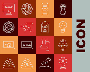Set line Radioactive in location, Diamond, Light bulb with lightning, DNA symbol, Square root of 4 glyph, Solar system, Equation solution and Radiation warning document icon. Vector