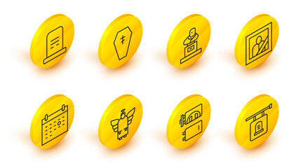 Set line Signboard tombstone, Crematorium, Christmas angel, Calendar death, Mourning photo frame, Grave with, Coffin cross and icon. Vector