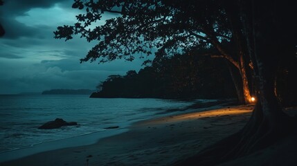 Night beach scene with a warm light