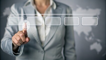 A businesswoman interacts with a virtual touchscreen interface displaying selectable options, with a world map in the background.