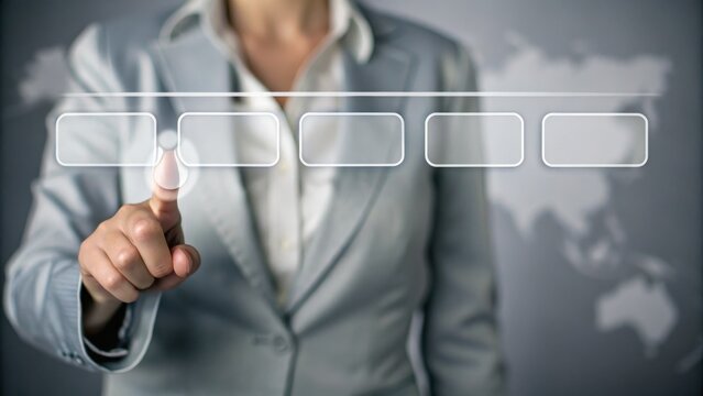 A businesswoman interacts with a virtual touchscreen interface displaying selectable options, with a world map in the background.