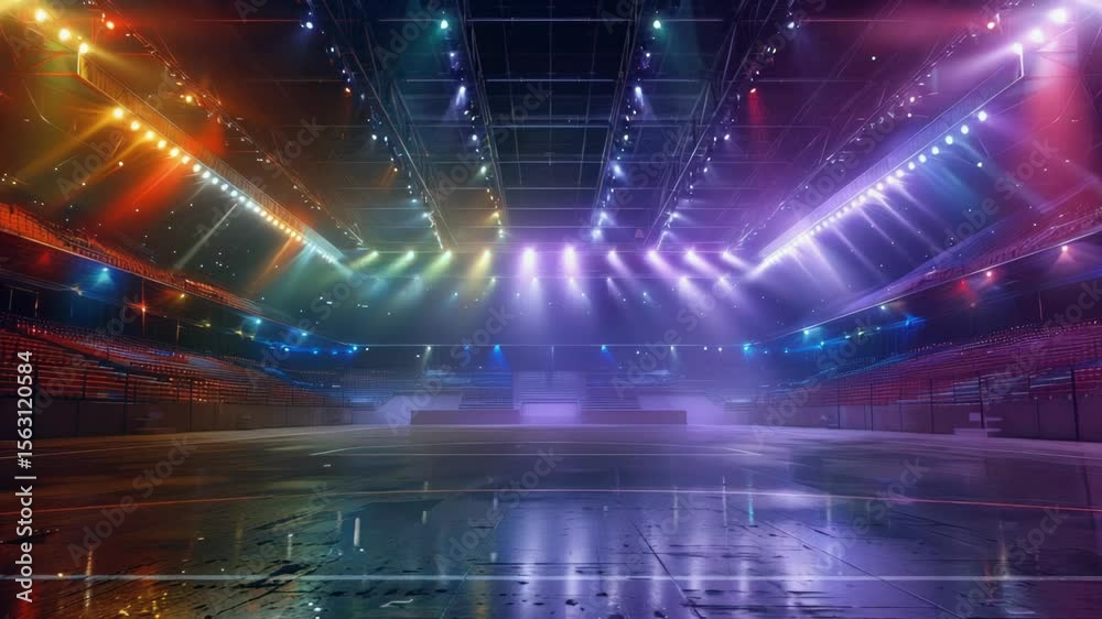 Poster a spacious arena illuminated by multiple lights, perfect for events or performances