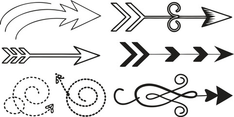 Various Arrow Designs – Creative Arrow Shapes, Symbols, and Graphics,Black arrow designs pointing,including single arrows,double arrows, outline arrows,circular arrows,Display of various arrow designs