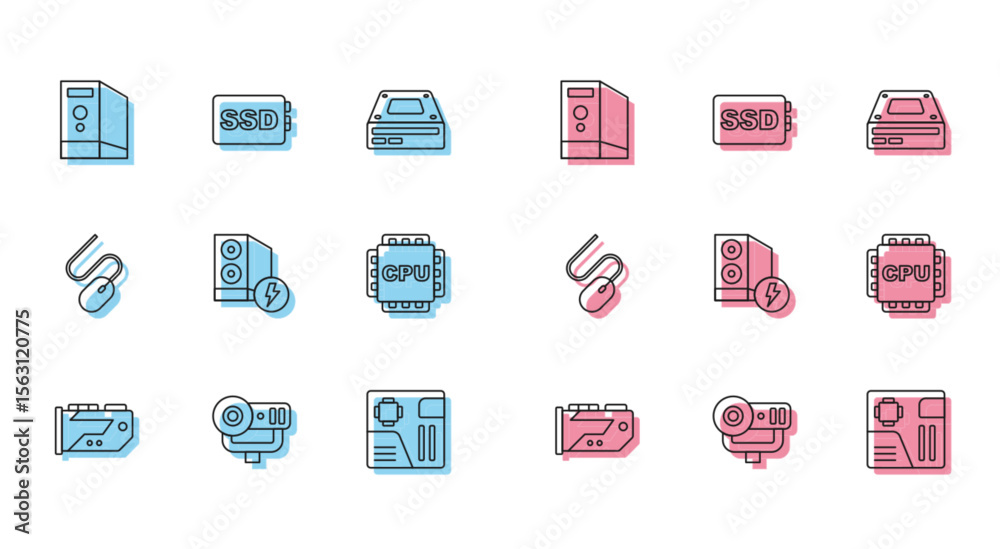 Fototapete Set line Video graphic card, Web camera, Case of computer, Motherboard digital chip, Processor with CPU, Computer mouse and SSD icon. Vector